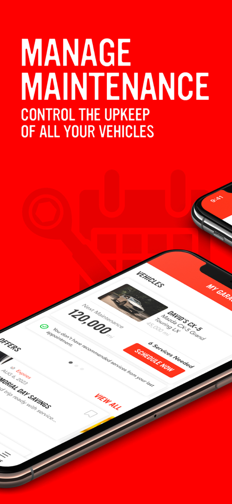 My Firestone - Schermata dell'app My Firestone che mostra la gestione della manutenzione del veicolo e la pianificazione degli interventi per una Mazda CX5