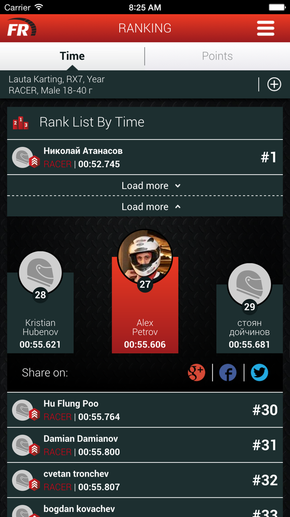 RaceFacer mobile app ranking screen showing a karting leaderboard with lap times and racer rankings
