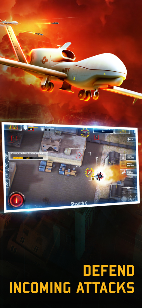 Drone : Shadow Strike 3 - A large military drone flying over a base with an inset showing top-down tactical gameplay and the text Defend Incoming Attacks.