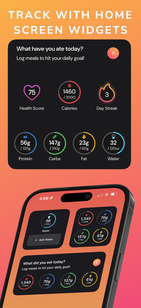 Calorie Tracker: Counter AI - A mobile phone displaying health and calorie tracking widgets on the home screen.