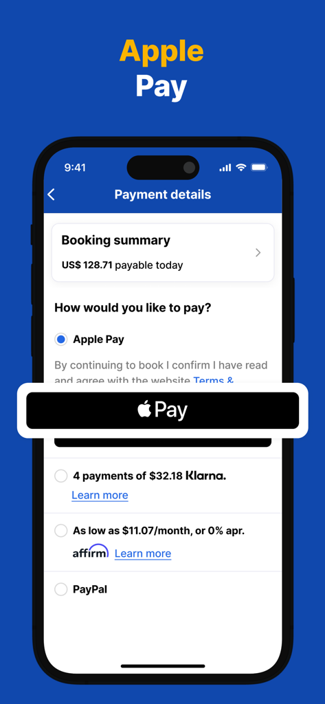 Pantalla de detalles de pago de la aplicación EconomyBookings con Apple Pay y otras opciones de pago flexibles como Klarna y Affirm