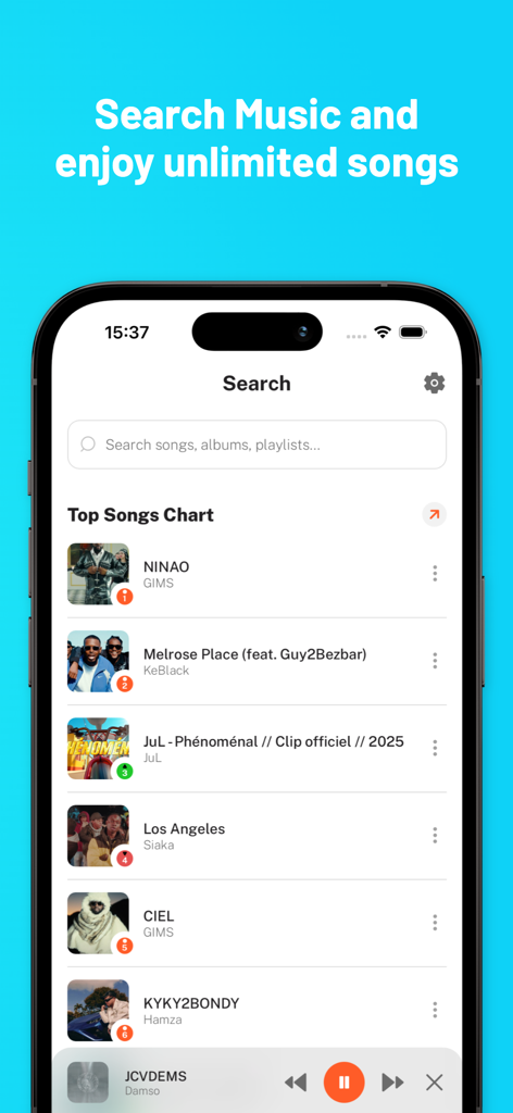 Music Offline Playerアプリの検索画面には、トップソングチャートと検索バーが表示されています