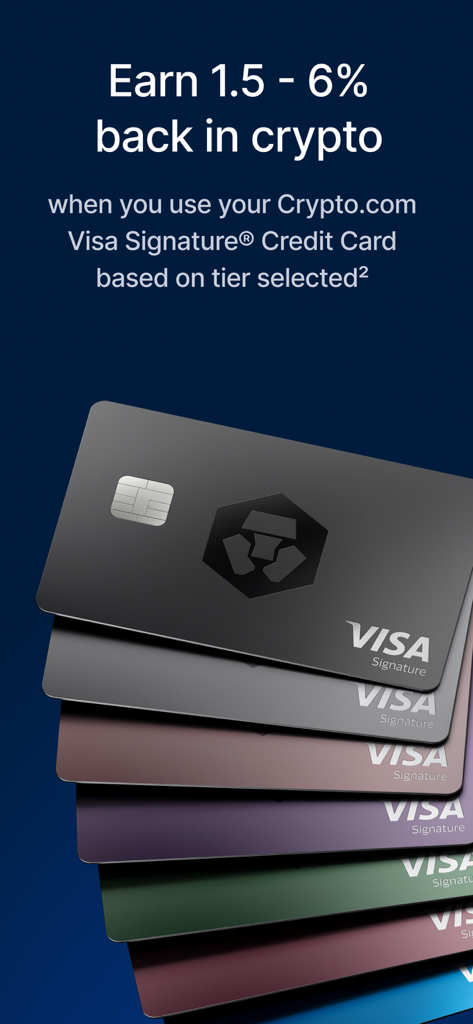 Crypto.com: Buy BTC, ETH & CRO - 암호화폐 캐시백 보상을 강조하는 다채로운 Crypto.com Visa Signature 신용 카드 스택