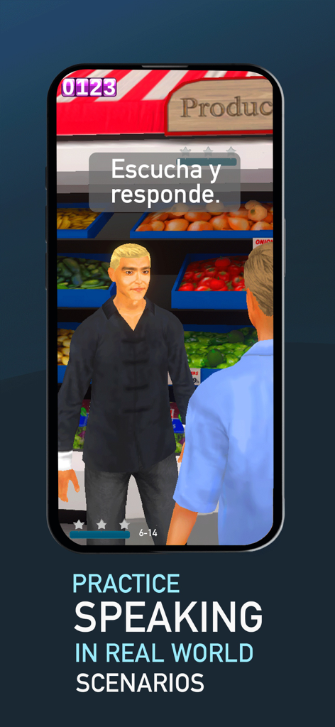 FluentWorlds-Spanish & English - 3D avatar interaction in a virtual market for language speaking practice