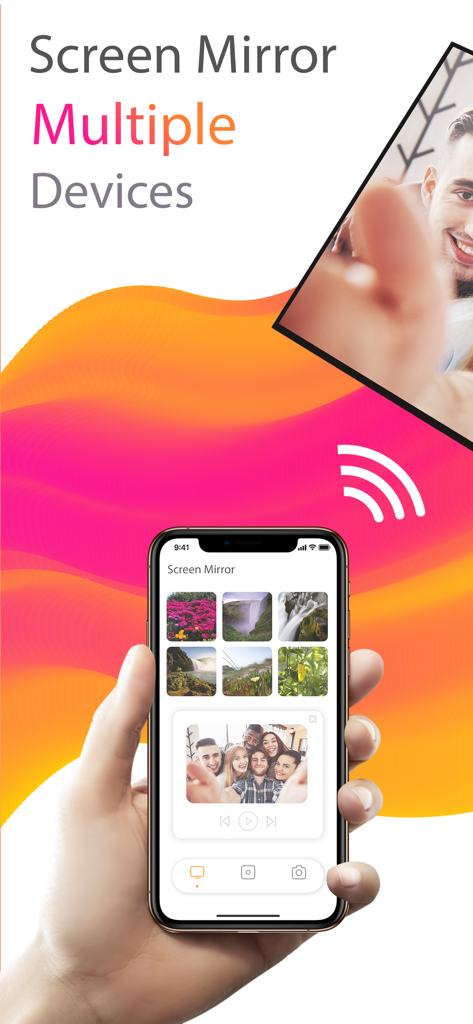 Screen Mirroring Smart Tv Cast - iPhone screen mirroring app showing a photo gallery and casting to a television screen