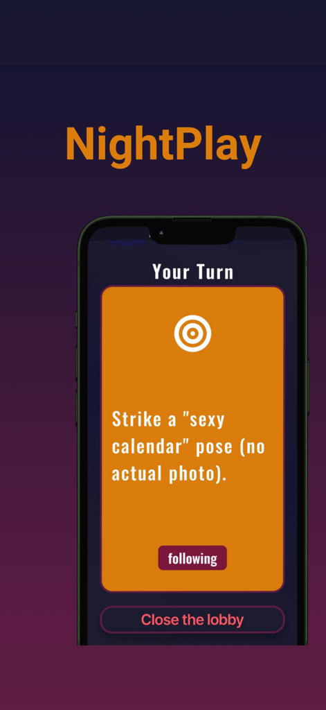 A smartphone screen displaying a party dare from the NightPlay Truth or Dare app.