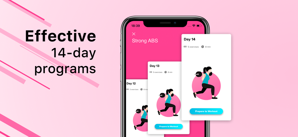 Women Workout ™ HIIT Exercise - Una pantalla móvil que muestra programas de fitness de 14 días para mujeres con tarjetas de entrenamiento diarias para abdominales.