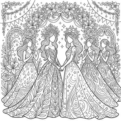 Celebrate love and beauty with this exquisite coloring page featuring elegant personifications gathered for a magical wedding. Adorned in stunning gowns amidst a backdrop of lush florals, this design invites you to add your personal touch of color to a truly special occasion.