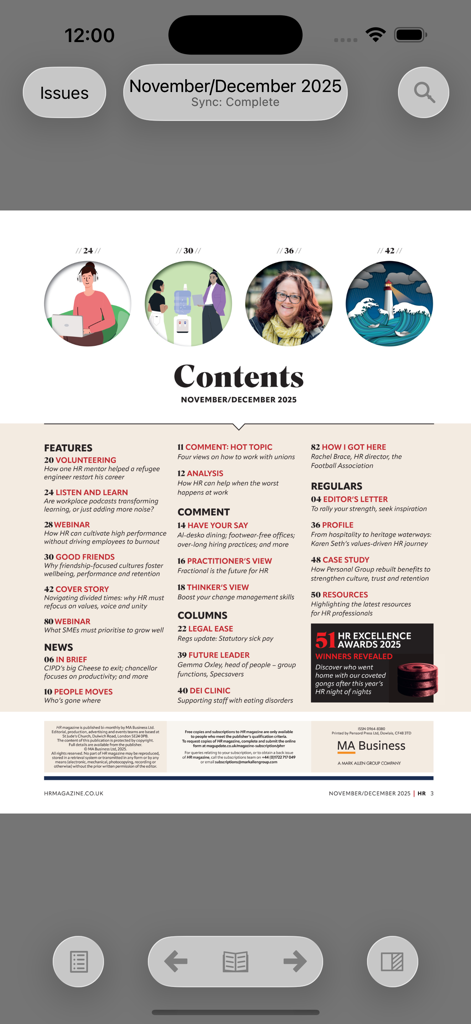 Digital contents page of HR Magazine showing featured articles and navigation controls
