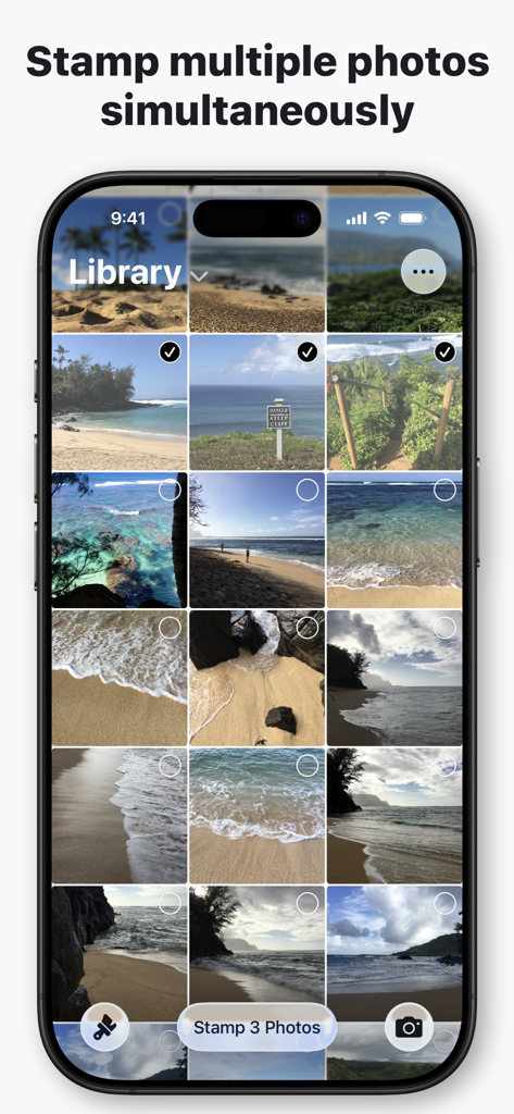 DateStamper app interface showing the selection of multiple photos for simultaneous date stamping.