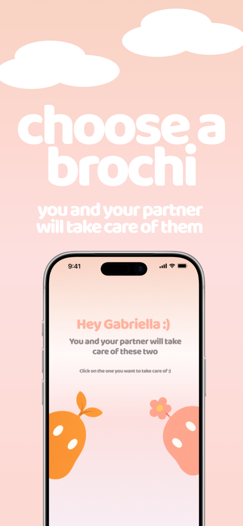 Écran de sélection de personnage dans l'application Brochi montrant deux mascottes mignonnes à choisir pour un couple.