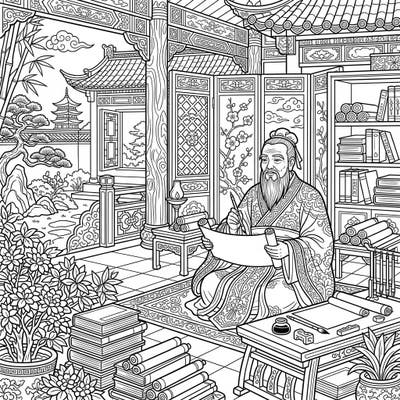 Delve into a world of philosophy and history with this stunning coloring page featuring Confucius in a detailed, immersive setting. Perfect for those who appreciate ancient wisdom and intricate designs.
