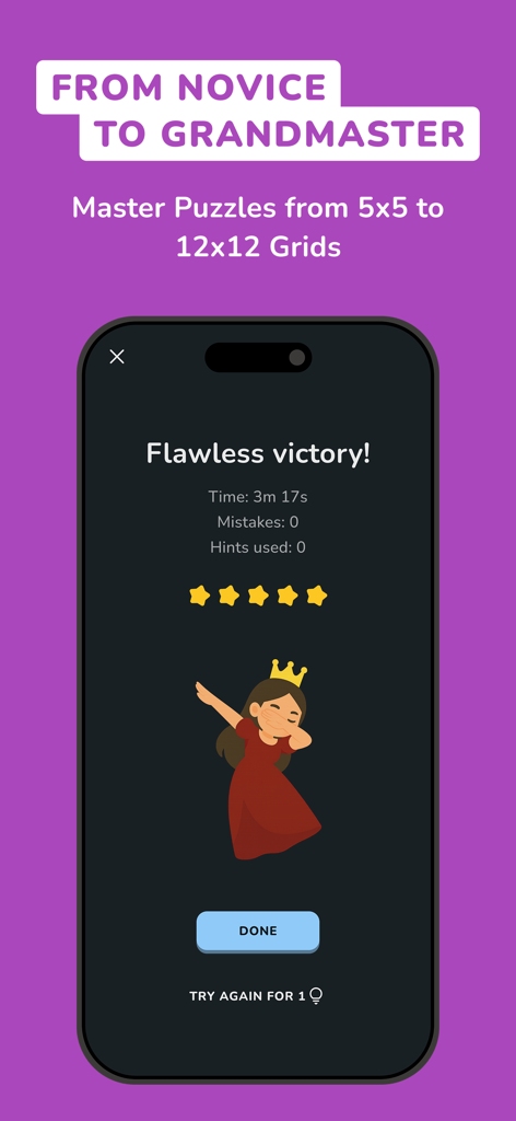 Queens: Board Puzzle Games - Una pantalla de victoria de Queens Board Puzzle Games que muestra un mensaje de victoria impecable con cinco estrellas doradas y una ilustración de un personaje de reina.