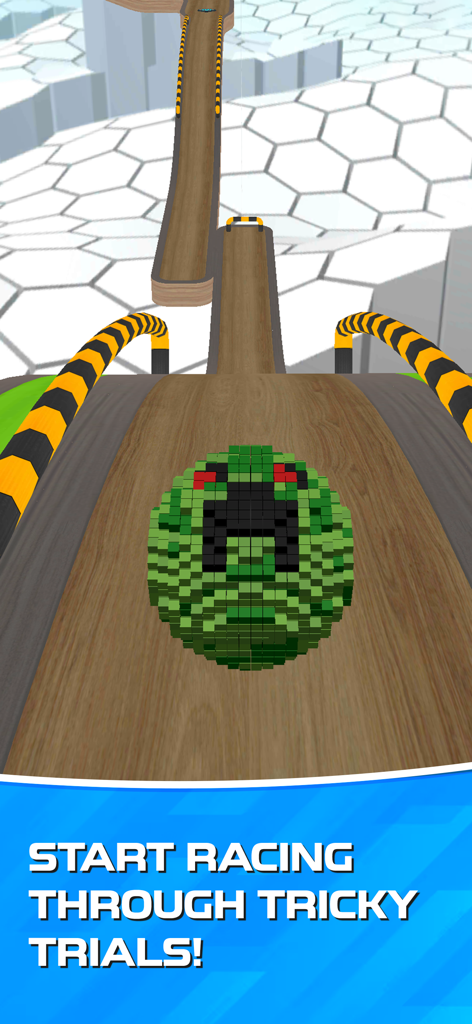 A green pixelated ball rolling on a wooden track in a 3D obstacle course with a sky background.