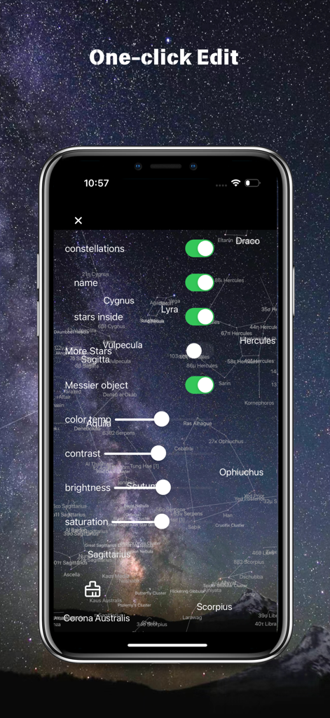 Star Identification Camera - A mobile interface of the Star Identification Camera app showing photo editing sliders and toggles for labeling constellations and Messier objects over a night sky image.
