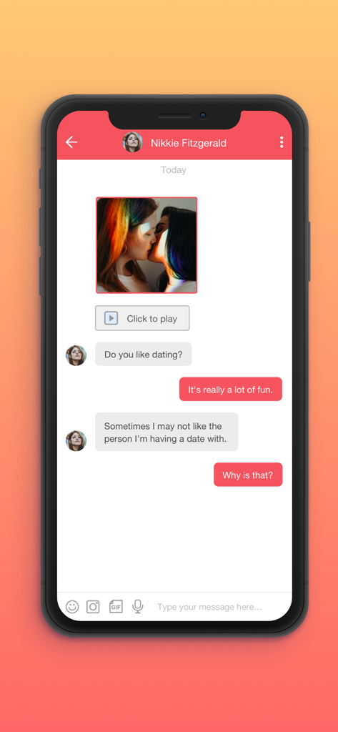 Chat interface of the Lesbian Singles dating app showing a conversation and shared photo between two women