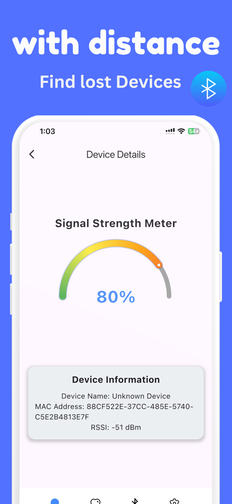 紛失したBluetoothデバイスを見つけるために、信号強度が80％のモバイルアプリ画面