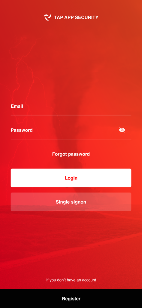 TAP App Security mobile Anmeldebildschirm mit Notfallhintergrund