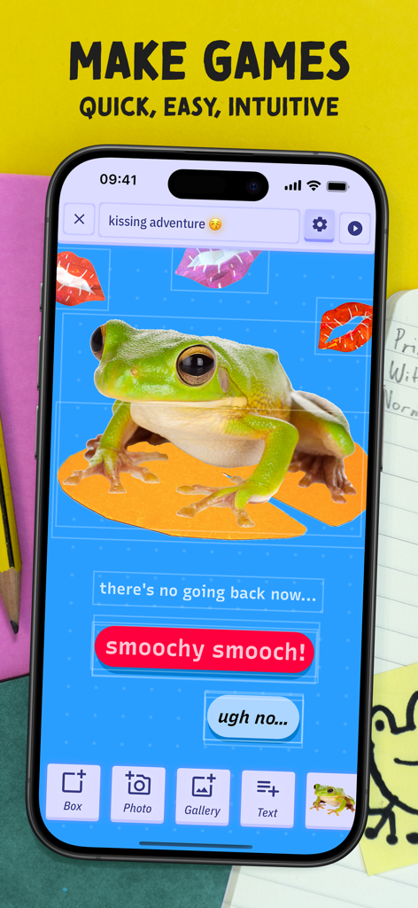 Downpour — make a game - Interface of the Downpour app showing a collage style game creation screen with a frog image and interactive buttons