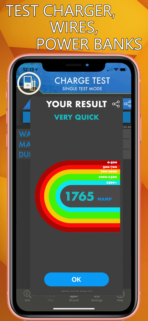 Aplicación Amperes 4 mostrando un resultado de alta velocidad de carga de 1765 mA en un medidor codificado por colores.