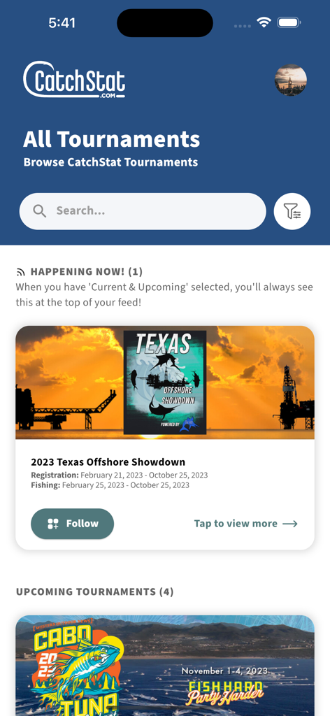 CatchStat - CatchStat app interface showing a list of live and upcoming offshore fishing tournaments with search and follow options
