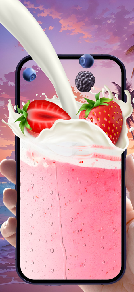 Drink & Make Boba Bubble Tea - Una pantalla de teléfono mostrando leche vertiéndose en un batido de fresa rosa con bayas frescas