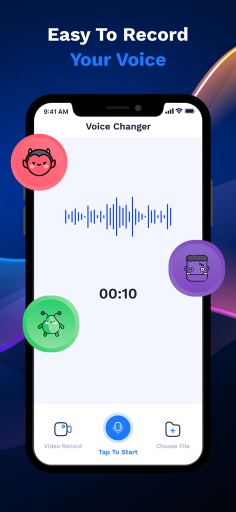AI Voice Generator - Prankster - Interfaccia dell'app Generatore di Voci AI Scherzoso che mostra una schermata di registrazione vocale con icone di personaggi divertenti.