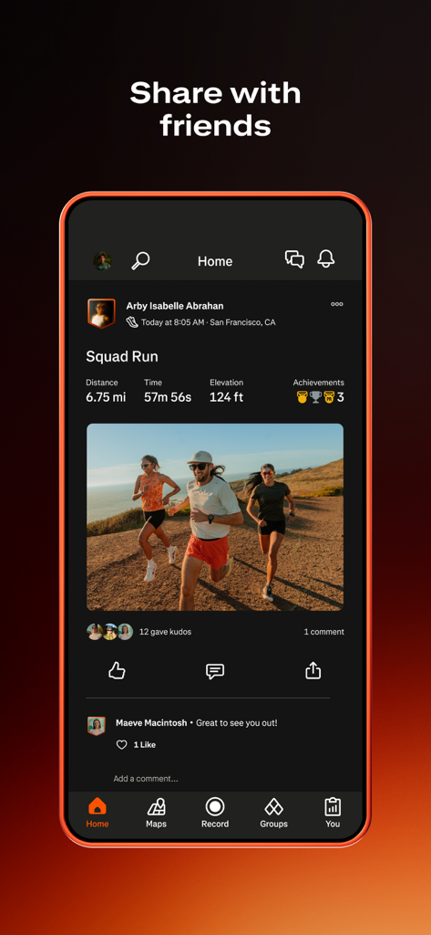 Strava app interface showing a social feed with a group run activity including workout stats and kudos from friends.