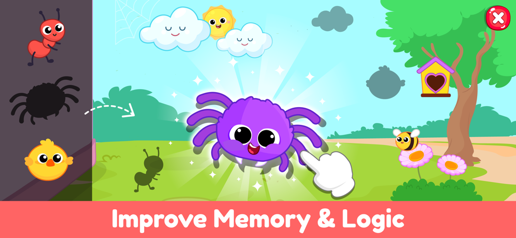 Kids Nursery Rhymes & Songs 1+ - Puzle educativo de emparejar sombras para pequeños con una linda araña e insectos para mejorar la memoria y las habilidades lógicas.