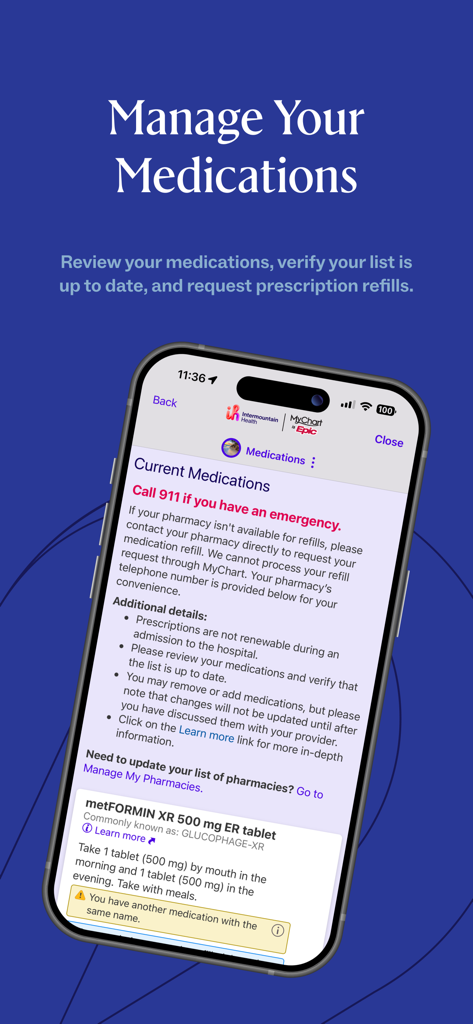 A smartphone displaying the medication management screen of the Intermountain Health app showing current prescriptions and instructions