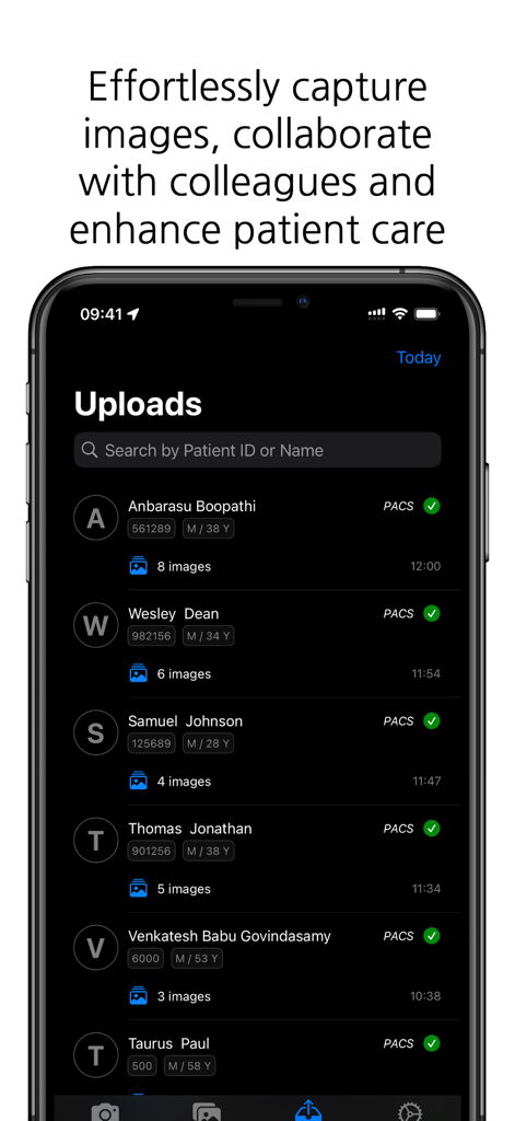 DICOM Camera - DICOM Camera app interface showing a list of patient image uploads with successful PACS synchronization status