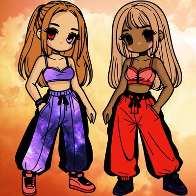 two girl's in crop top with baggy pants
