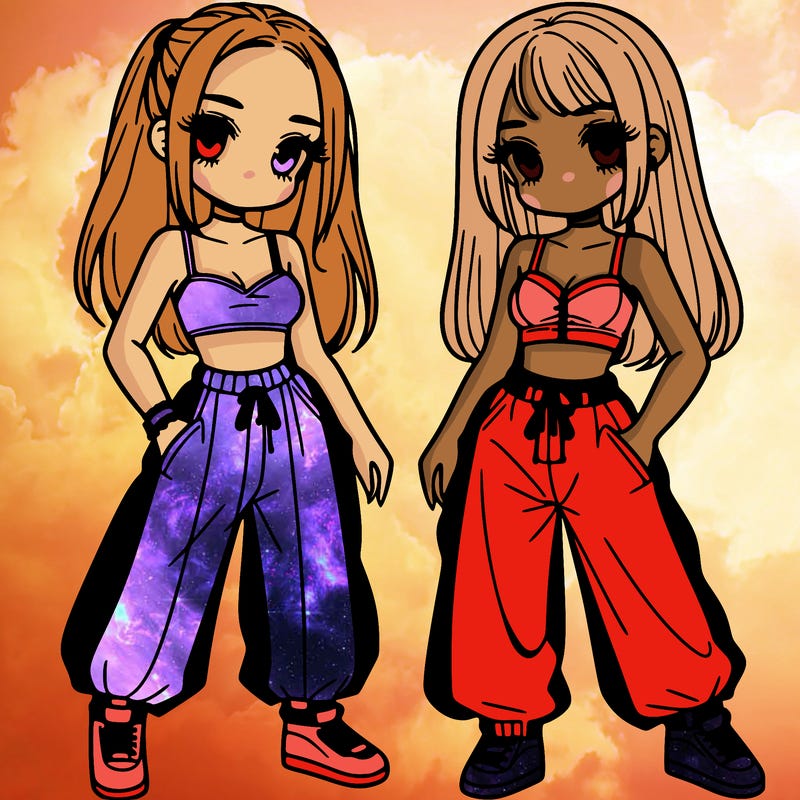 two girl's in crop top with baggy pants