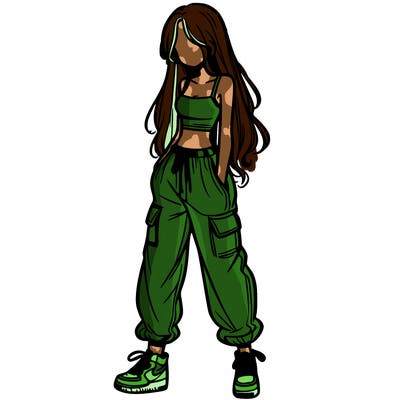 girl in baggy pants crop top and long hair