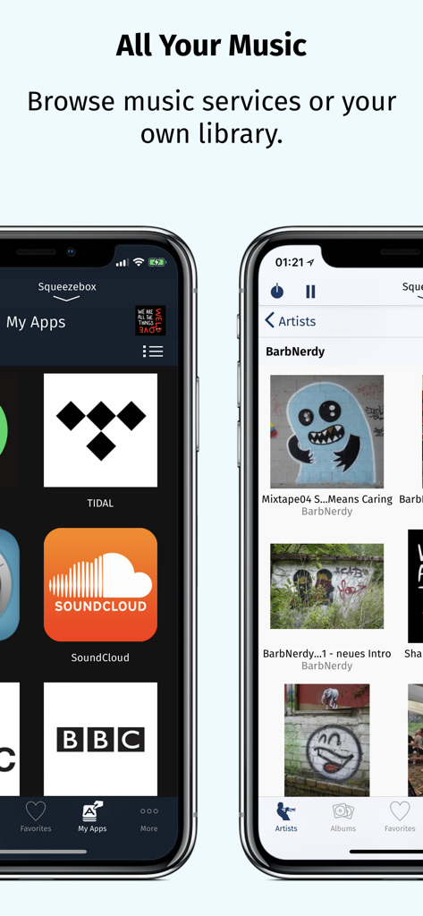 iPeng - iPeng 9 app screenshots showing integrated music services like Tidal and SoundCloud alongside a personal music library organized by artist