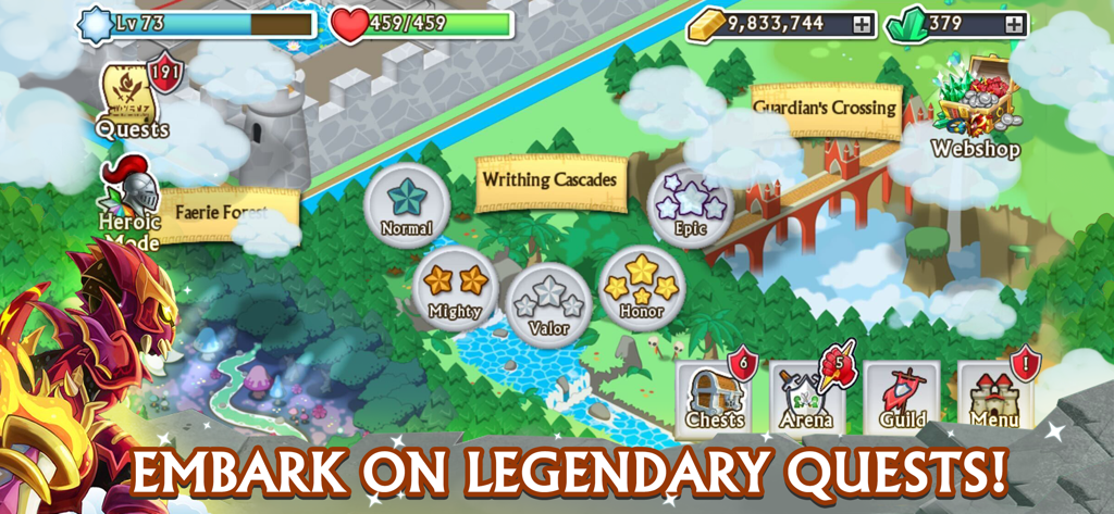 Mapa del mundo de Knights and Dragons RPG mostrando misiones legendarias y modos de dificultad