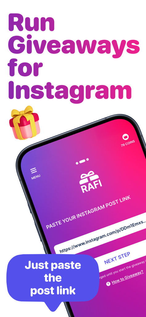 Rafiアプリのモバイル画面。プレゼント企画開始のため、Instagram投稿リンクを貼り付ける場所が表示されています。