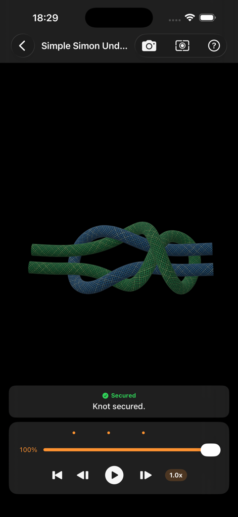 Maritime Master - Knots - Animación interactiva en 3D de un nudo de cuerda siendo asegurado en la aplicación Maritime Master