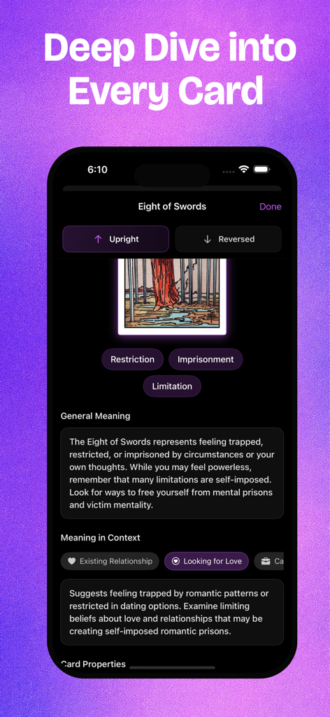 Detailed tarot card meanings and interpretations in the TarotLingo app