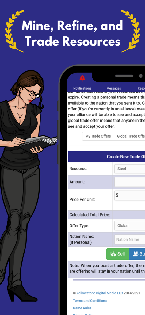 Capture d'écran du jeu Politics and War montrant l'interface pour extraire, raffiner et échanger des ressources comme l'acier