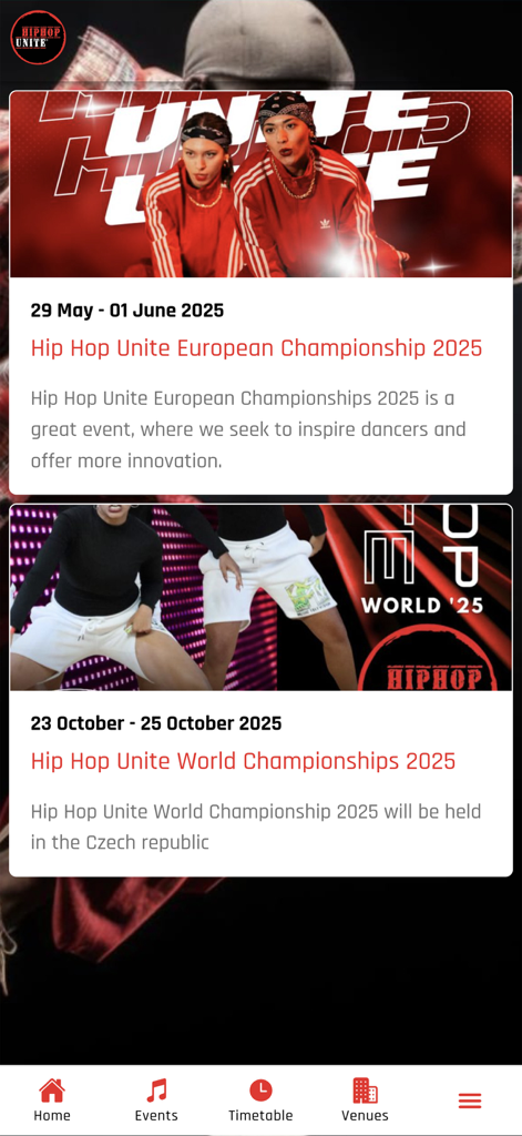 Hip Hop Unite app events screen displaying 2025 championship dates
