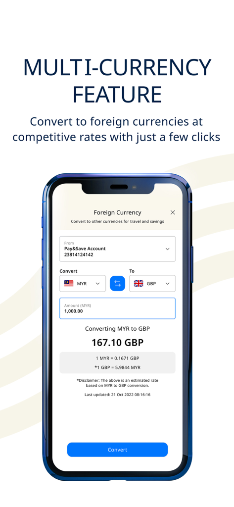 HLB Connect Mobile Banking App - Schermata dell'app HLB Connect che mostra la conversione multivaluta da MYR a GBP