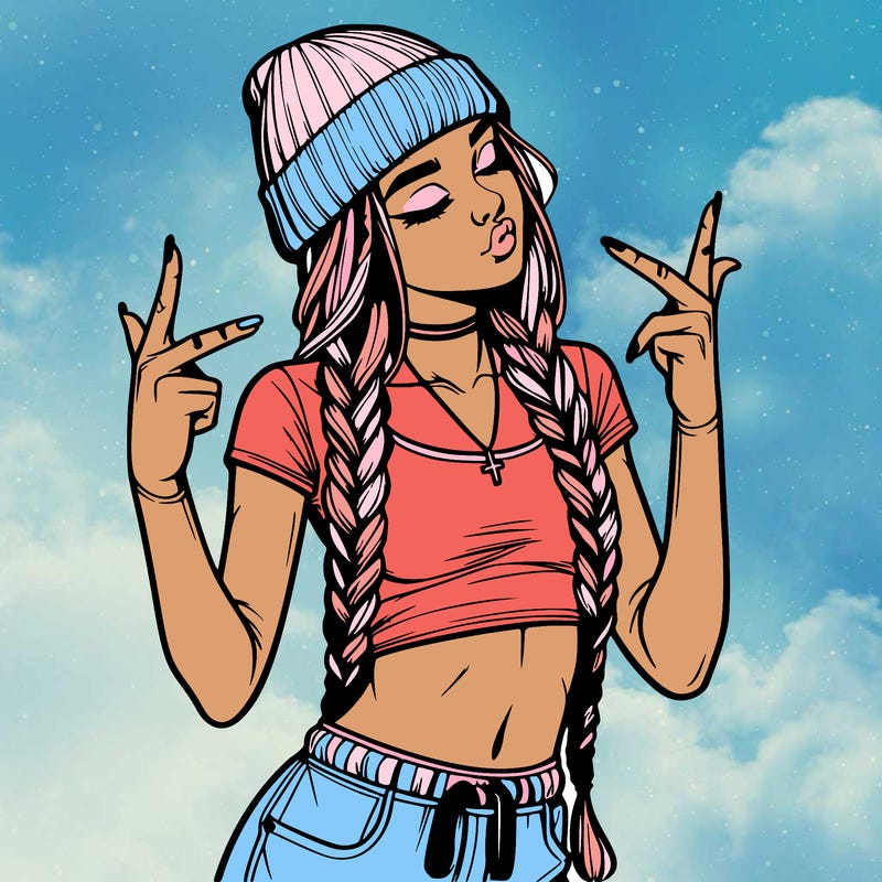 realistic teenage girl with braids and a beanie and crop top doing 🫶🏼