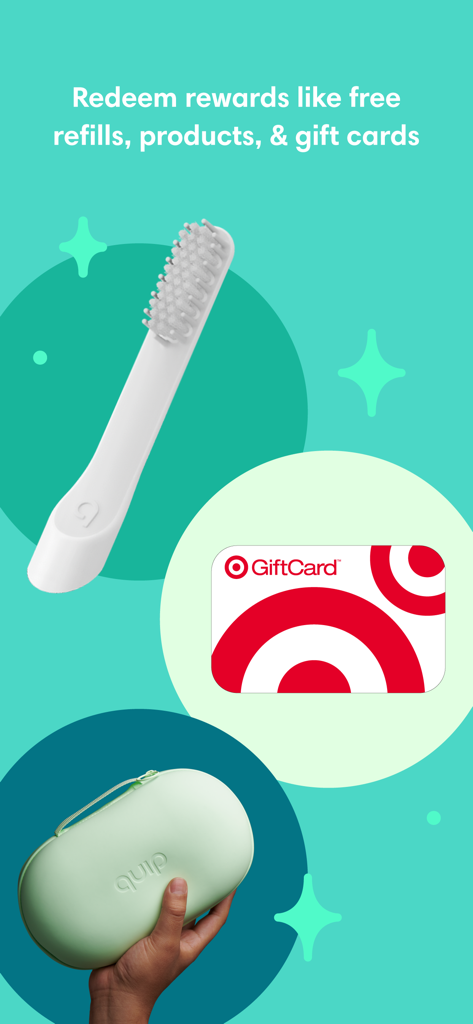 quip: Oral Care Companion - Ein Werbebildschirm für die quip-App, der verfügbare Belohnungen wie eine Geschenkarte und Mundpflegeprodukte anzeigt.