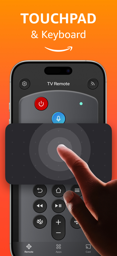 Firestick・Remote Fire TV Stick - タッチパッドとキーボードナビゲーションコントロールを備えたFirestickリモートアプリを示すiPhone画面