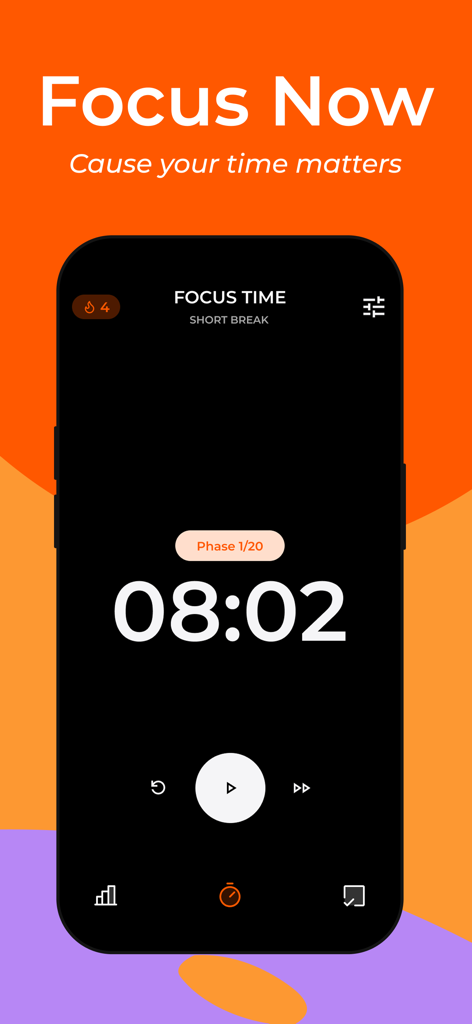 Focus Now - Pomodoro Timer - Focus Now Pomodoro Timer app interface showing a focus session countdown.