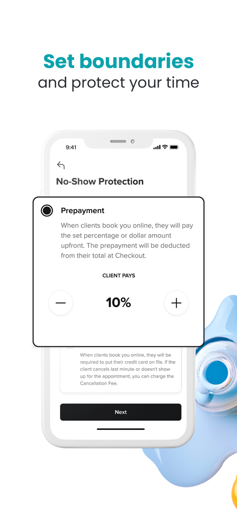 Booksy Biz: For Businesses - Booksy Bizアプリのインターフェイスに、無断キャンセル保護のための事前支払い設定が表示されています。