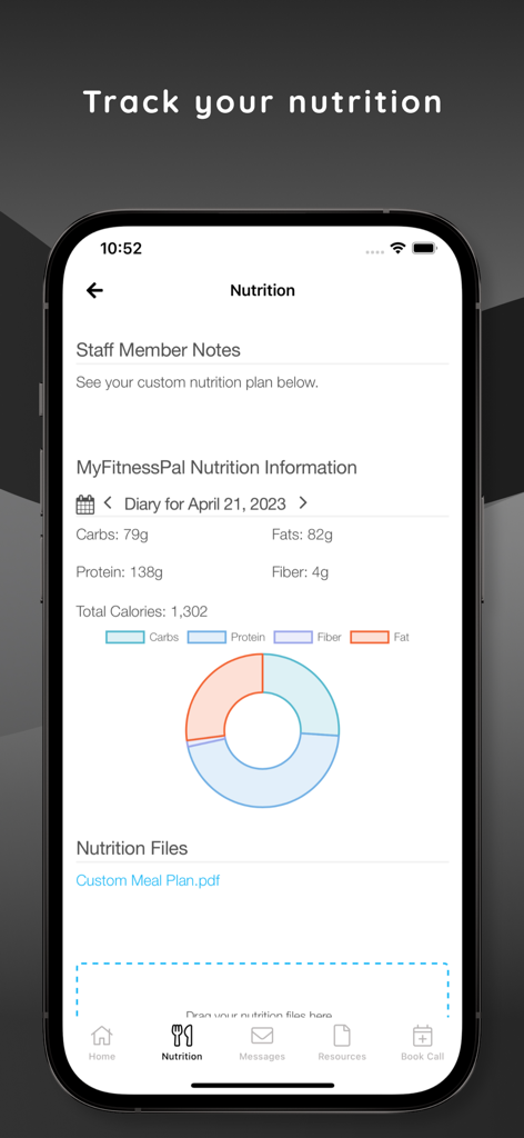 V Shred VIP app interface showing nutrition tracking with calorie count and macro chart breakdown
