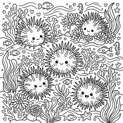 Celebrate the joy of spring with this charming coloring page featuring five friendly sea urchins amidst a bustling underwater garden. Perfect for all ages, it offers a delightful escape into a world of marine wonder and creative expression.