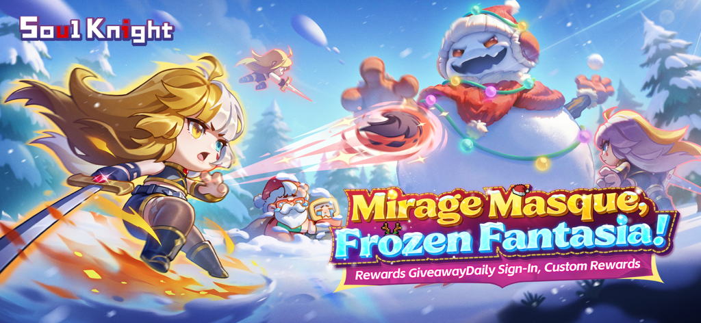 Soul Knight promotional banner for the Frozen Fantasia winter event featuring characters and a festive snowman boss